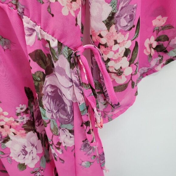 NWT Womens Floral Swimsuit Coverup Sz M Pink Sheer Cinched Waist V-Neck Beach‎ - Picture 7 of 16